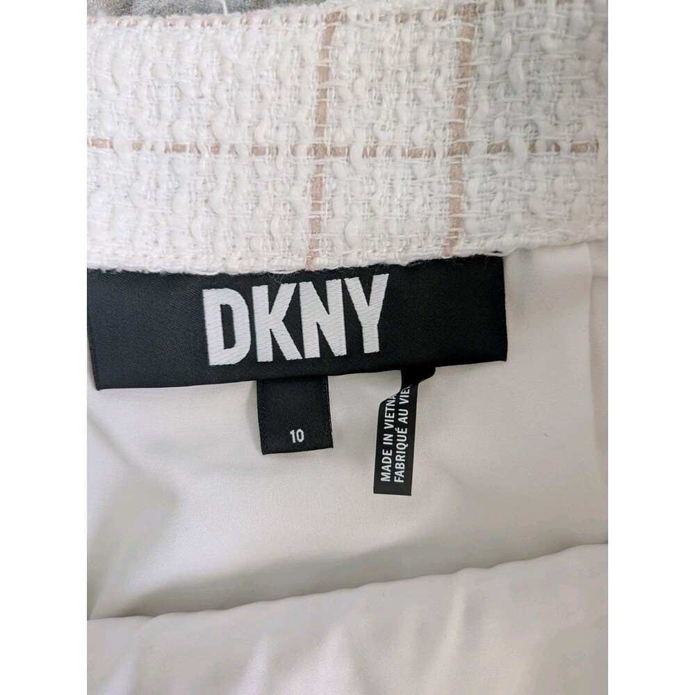 DKNY Mini Skirt Women's 10 Beige White Plaid Tweed Textured Lined Asymmetrical - Picture 13 of 14